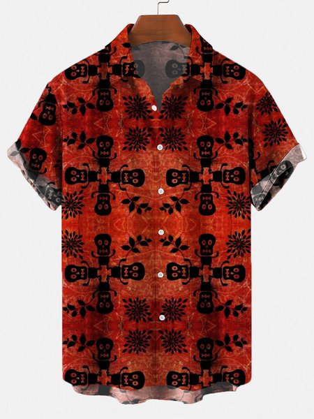 

Men's National Style Short Sleeve Casual Loose Shirt, Wine red, Shirts