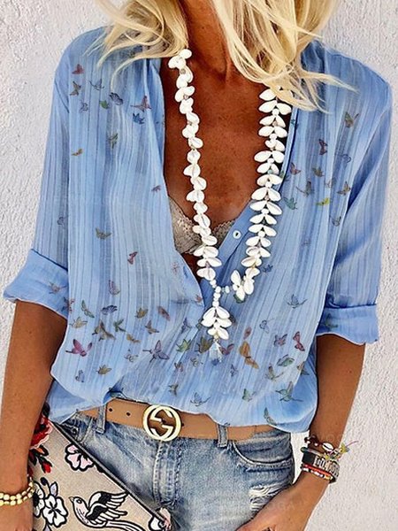 

Stampato Casuale Misto Cotone Top, Blu, Tops