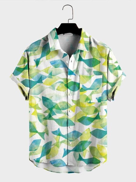 

Mens Fish Print Pocket Lapel Casual Loose Short Sleeve Shirt, Blue, Men's shirts