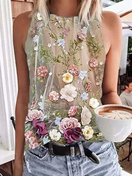 

Girocollo Floreale Casuale Top, Come immagine, Tank Top