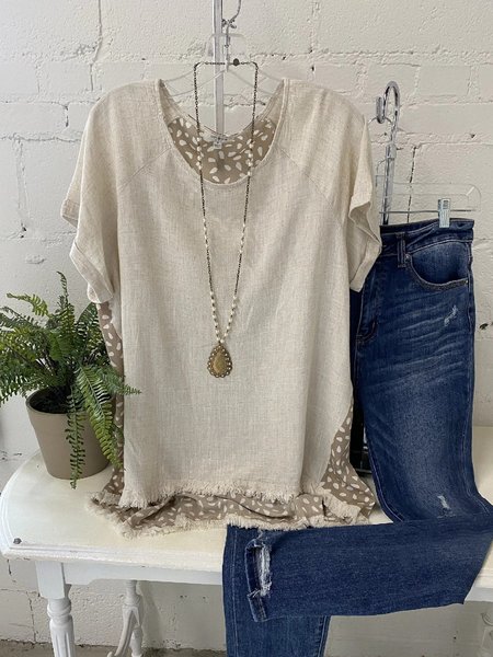 

Retro Maniche Corte Girocollo Top, Beige, Tops