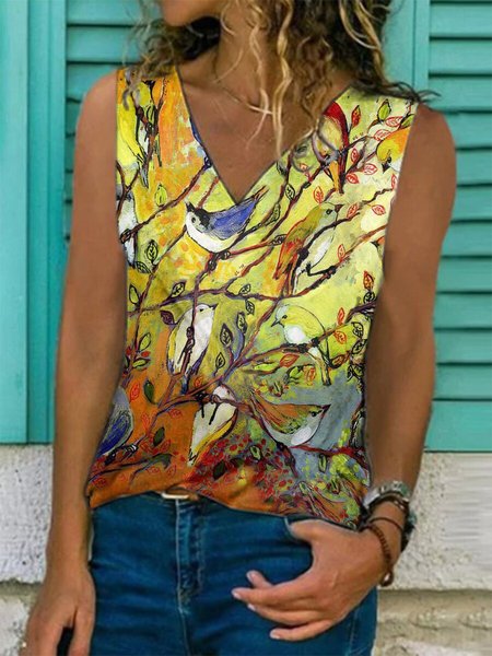 Floreale senza maniche Dritto Casuale Camicie & Top, Giallo, Blouses & Shirts