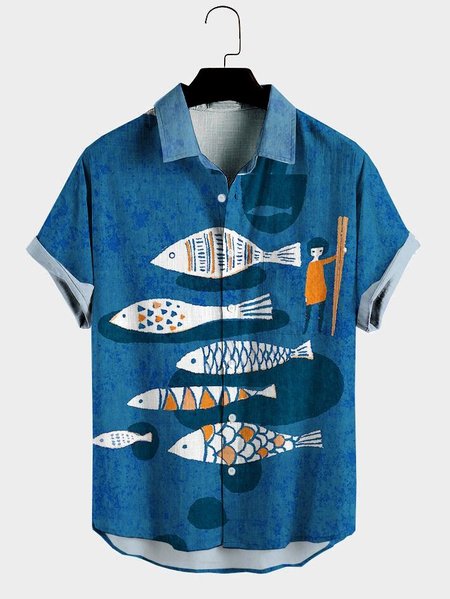 

Mens Fish Print Lapel Casual Loose Short Sleeve Hawaiian Shirt, Blue, Men's shirts