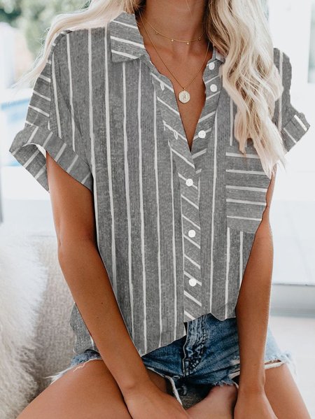 

Shirt Collar Cotton-Blend Short Sleeve Blouse, Gray, Shirts & Blouses