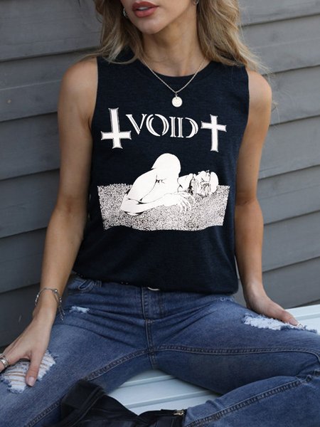 

Void Cotton-Blend Casual Crew Neck Women Vests, Black, Tank Tops