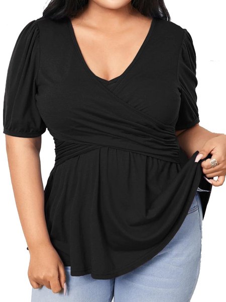 

V Neck Short Sleeve Cotton-Blend Tops, Black, T-Shirts