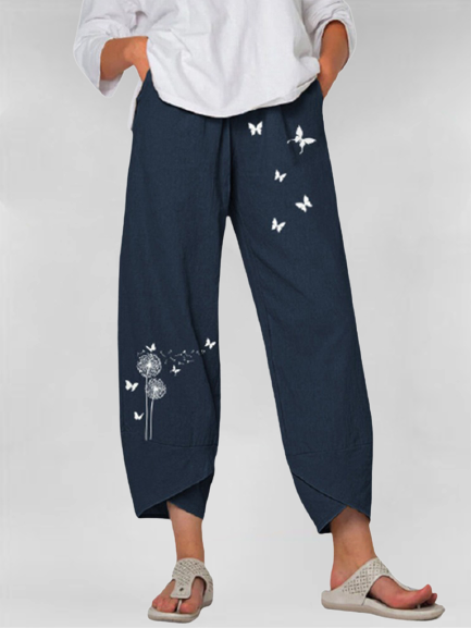

Vintage Dente di leone Farfalle Stampato taglia grande Casuale Pantaloni, Blu, Bottoms