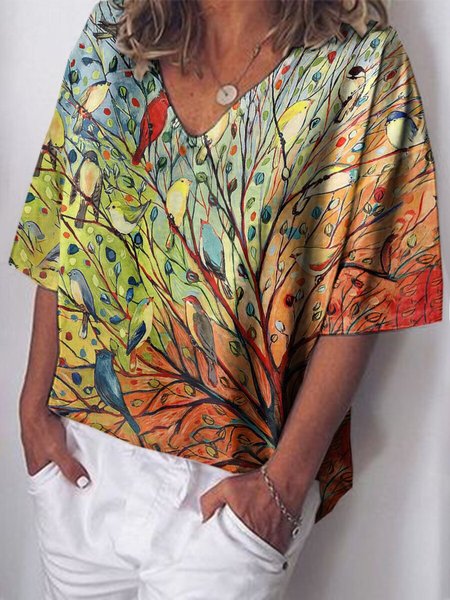 

Casual Short Sleeve V Neck Floral Tops, As picture, T-Shirts