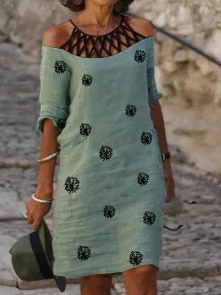 

Vintage Dandelion Floral Printed Statement Plus Size Short Sleeves Cutout Casual Knitting Dress, Green, Dresses