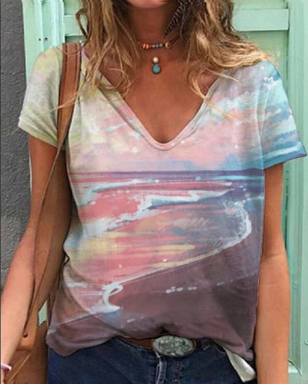 

Crew Neck Shift Short Sleeve Cotton-Blend Shirts & Tops, As picture, Tees & T-shirts