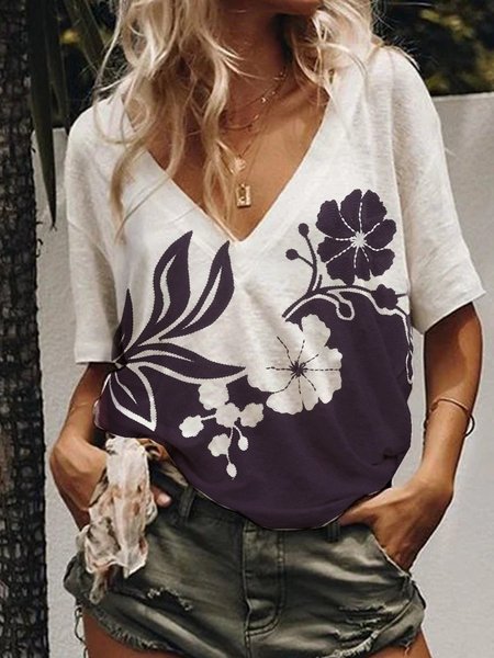 

Dritto Floreale Casuale Scollo a V Top, Bianco, Blouses & Shirts