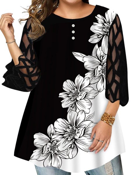 

Geometrico Traslucido Manica Camicetta Casuale Bottone Da donna Top Camicetta Volant Maniche Lunghe Camicie, Black, Tops