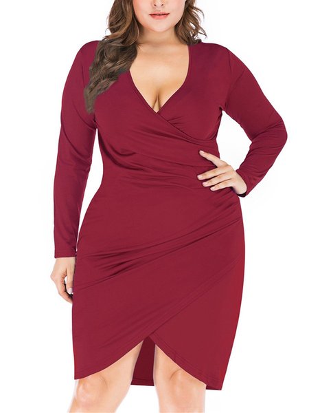 

V Neck Plain Long Sleeve Knitting Dress, Wine red, Casual Dresses