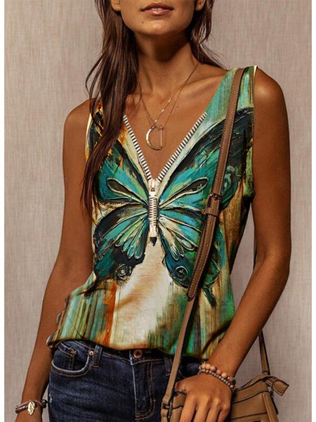 

Farfalla Misto Cotone senza maniche Vacanza Scollo a V Gilet, Come immagine, Blouses & Shirts