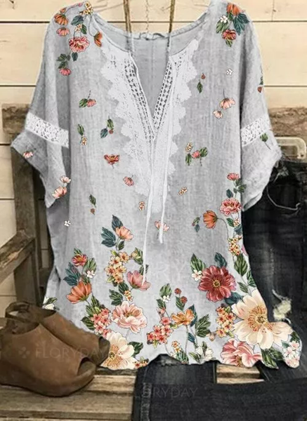 

Floral Short Sleeve Casual V Neck Blouse, As picture, Blouses & Shirts