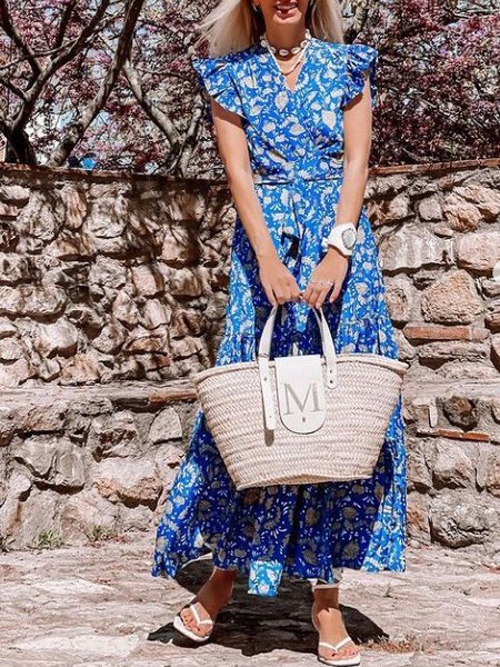 

Frill Sleeve Floral V Neck Holiday Maxi Dress, As picture, Maxi Dresses