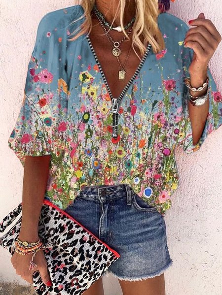 Casuale Dritto Scollo a V Camicie & Top Cotone, Blu, T-Shirts