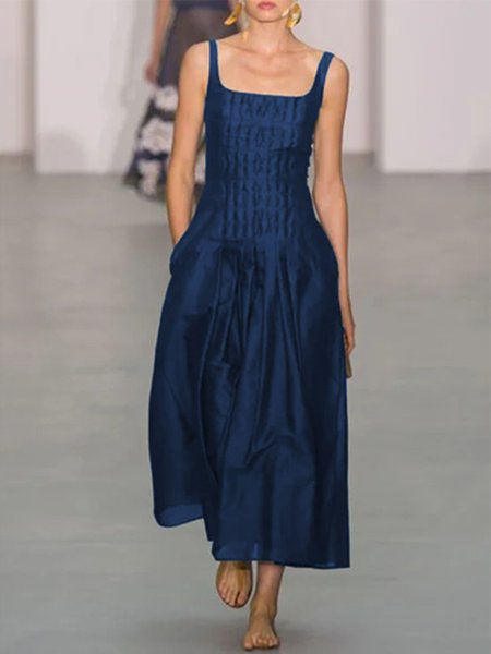 

Vintage Elegant Plain Plus Size Sleeveless Casual Weaving Dress, Blue, Dresses