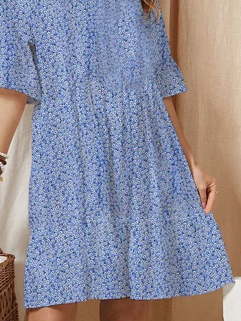 

Floral Crew Neck Boho Cotton-Blend Women Dress, Blue, Midi Dresses