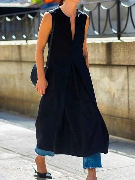 

Vintage senza maniche Tinta unita Scollo a V taglia grande Gonna Casuale, Nero, Dresses
