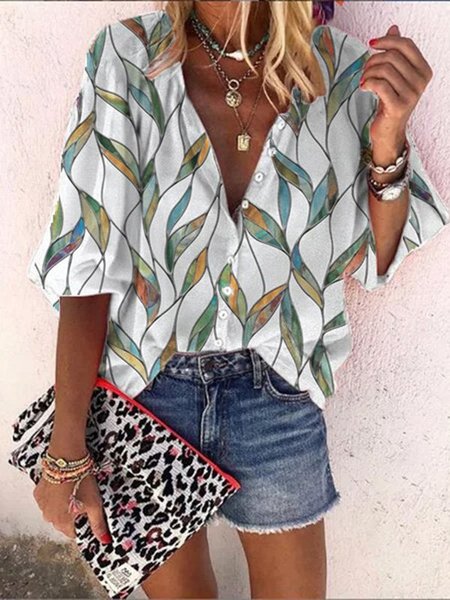 

Misto Cotone Scollo a V Stampato Casuale Top, Bianco, Tops
