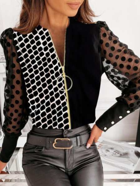 

Scollo a V Elegante Maniche Lunghe Dritto Superiore, Nero, Blouses & Shirts