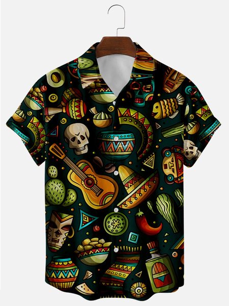

Men's National Style Short Sleeve Casual Loose Shirt, Black, Shirts