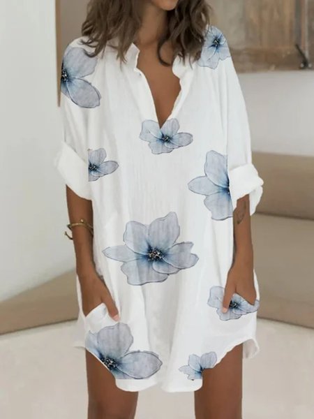 Floreale Stampato Floreale Maniche Lunghe Semplice Abito, Bianco, Dresses