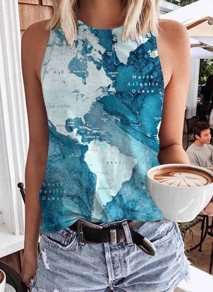

Vintage Map Printed Sleeveless Casual Tops, As picture, Tank Tops