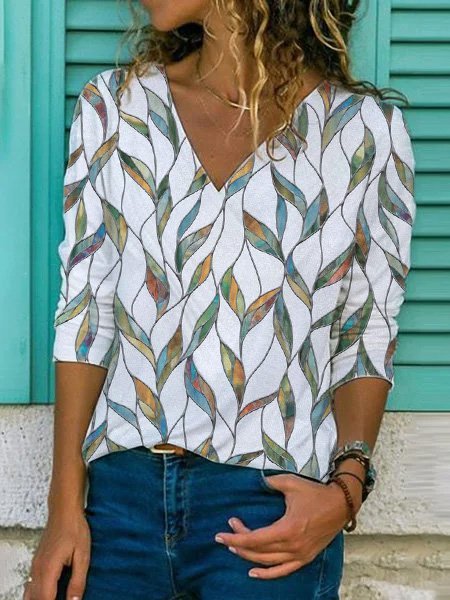 

Printed Casual Long Sleeve V Neck Tops, White, Blouses & Shirts