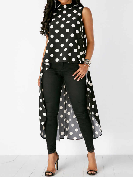 

Holiday A-Line Asymmetric Short Sleeve Crew Neck Polka Dots Top, Black, Blouses and Shirts