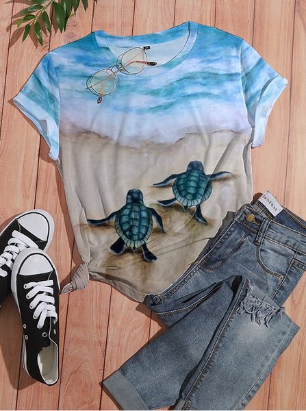 

Vintage Short Sleeve Geometric Printed Crew Neck Plus Size Casual Tops, Lightblue, Tops