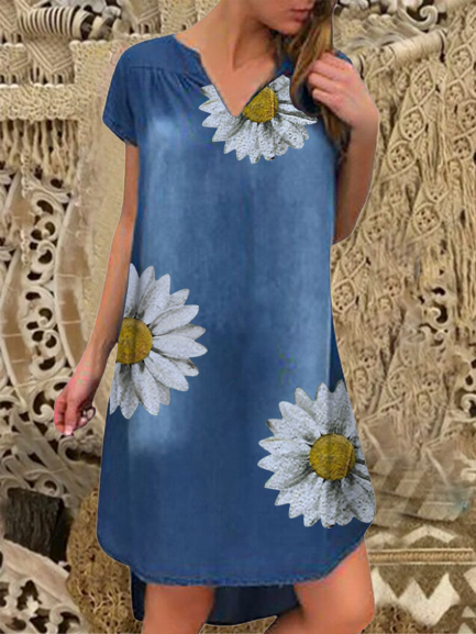 

Vintage Margherita Stampato Maniche Corte Scollo a V Gonna Casuale, Blu, Dresses
