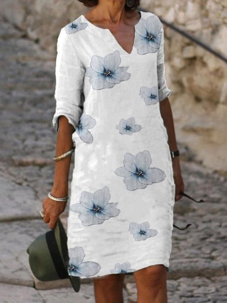 

Abito Casuale Stampato Floreale Dritto Mezza Manica, Bianco, Casual Dresses