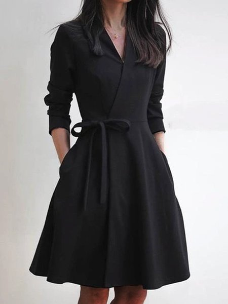 

Work Long Sleeve A-Line Plain Daily Mini Dress, Black, Midi Dresses