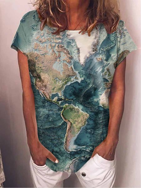 

Map Printed Sleeveless Casual Tee, As picture, T-shirts