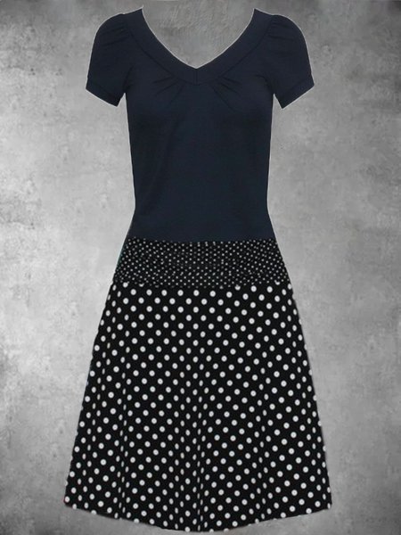 

Scollo a V Maniche Corte Vintage a pois Abito, Nero, Midi Dresses