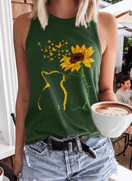 

Cat You Are My Sunshine Vest Sunflower Crew Neck Tank Top, Dark green, Tank Tops