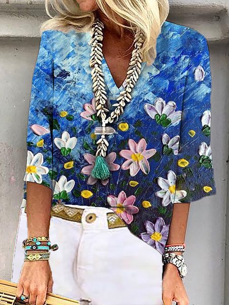 3/4 Manica Casuale Dritto Floreale Top, Blu, T-Shirts