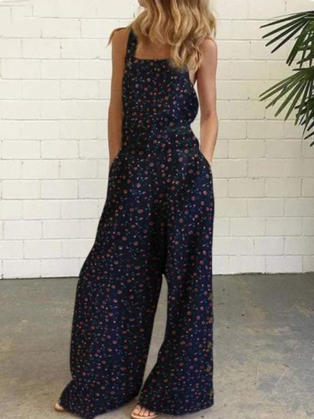 

Vintage Sleeveless Floral Printed Plus Size Casual Jumpsuits, Black, Jumpsuits