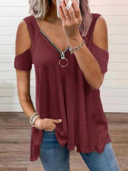 

Vintage Tinta unita Statement Cerniera taglia grande Maniche Corte Scollo a V Casuale Top, Vino rosso, Tops