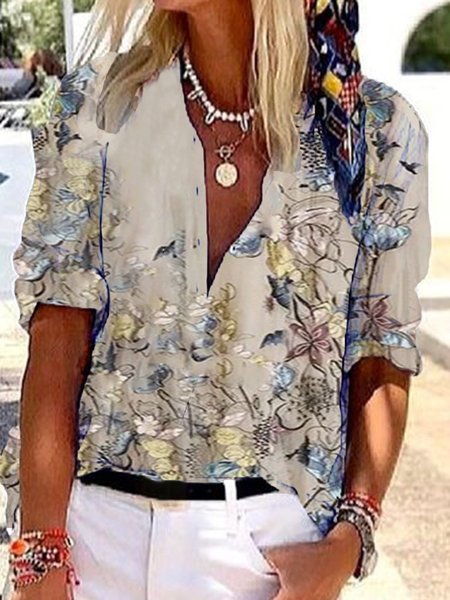 

Vintage 3/4 Sleeve Floral Printed V Neck Plus Size Casual Tops, Multicolor, Blouses & Shirts