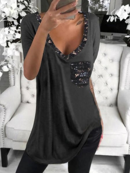 

Short Sleeve Casual T-shirt, Black, Tops
