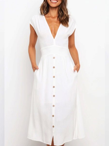 

Short Sleeve Solid V Neck Elegant Dress, White, Maxi Dresses
