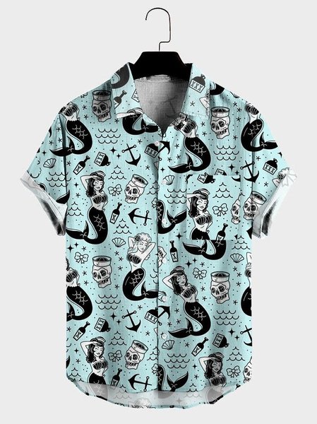 

Mens Skull Mermaid Cartoon Print Pocket Lapel Casual Loose Short Sleeve Shirt, Blue, Men's shirts