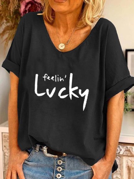 

Black Letters Printed Short Sleeve Casual V Neck Shift Shirts & Tops, Tops