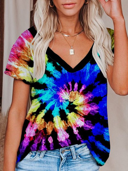 

Tie-dye Hippie Holiday Style V-neck Short-sleeved Tee, As picture, T-shirts