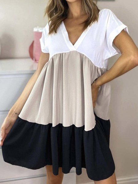 

Vintage Color-block Paneled Plus Size Short Sleeves V Neck Casual Dresses, Multicolor, Dresses
