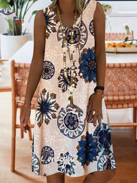 

Vintage Sleeveless Tie-Dye Printed V Neck Plus Size Casual Dresses, White, Dresses