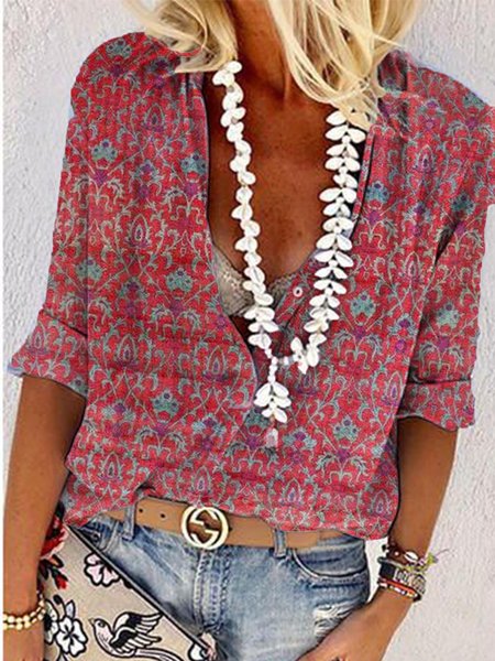 

Color-Block Casual Shirt Collar Abstract Shirts & Tops, Red, Blouses & Shirts